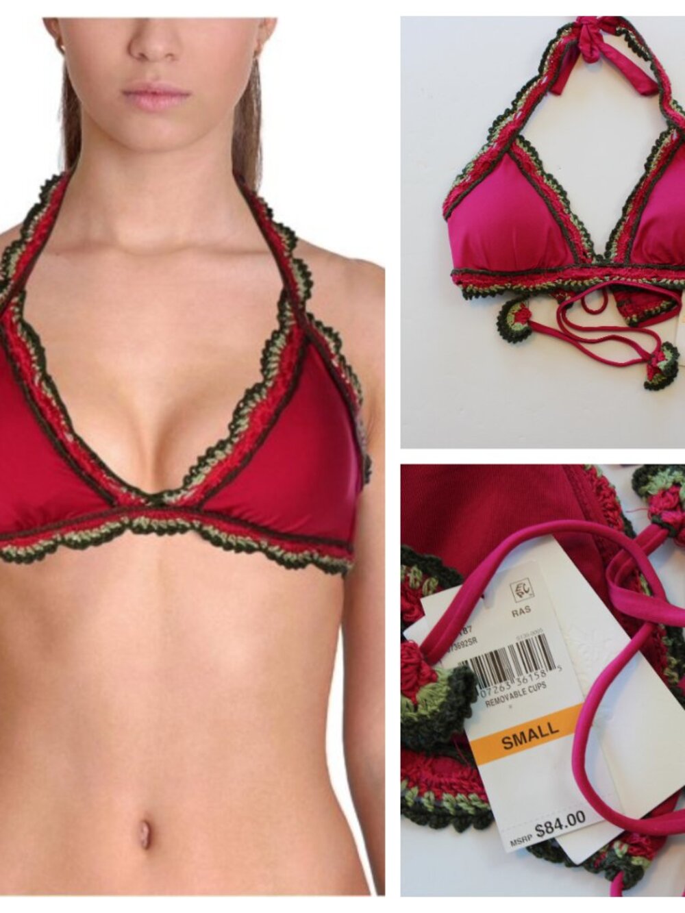 Becca Crochet Bikini Swimsuit Halter Top Red Small NWT
